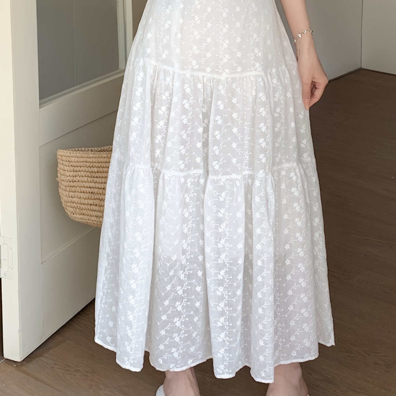 Floral Pattern High Waist Flared Skirt, Casual Tiered Mesh Maxi Skirt, Women's Clothing